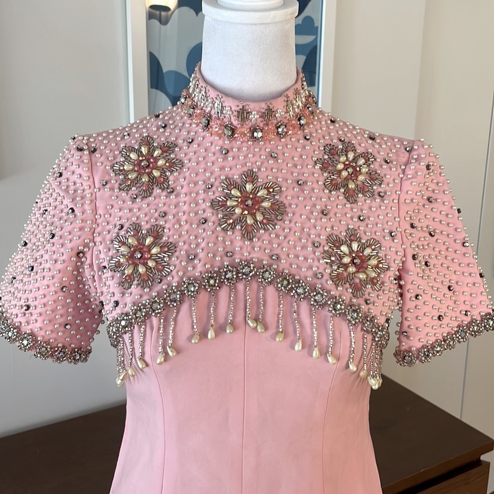 Vintage Chinese Silk Beaded Dress Pink Maxi Cheongsam Style Embellished Formal G